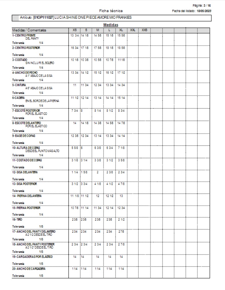 Puntos de medición por talla