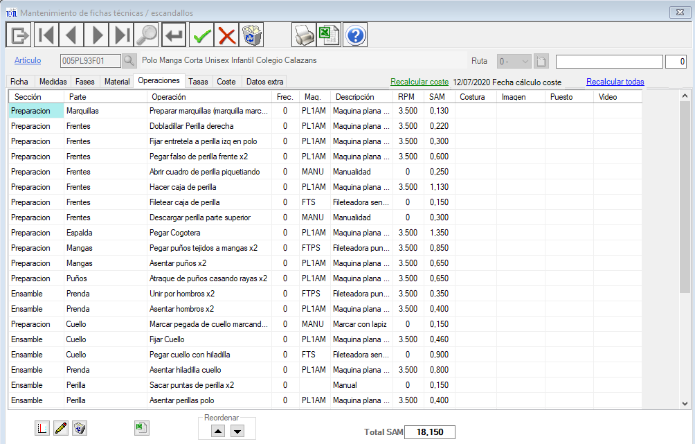 Ficha técnica. Ruta de operaciones