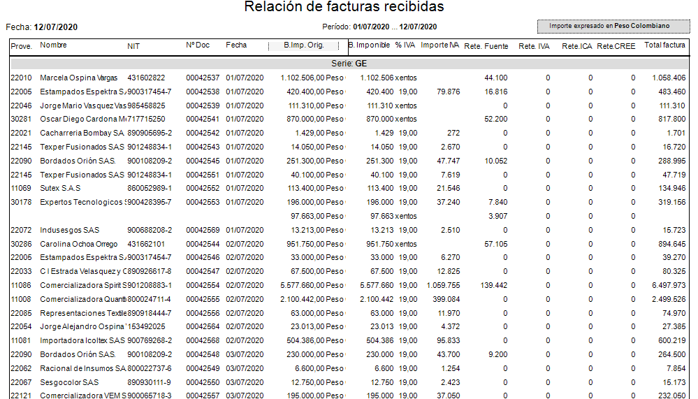 Diario de facturas recibidas