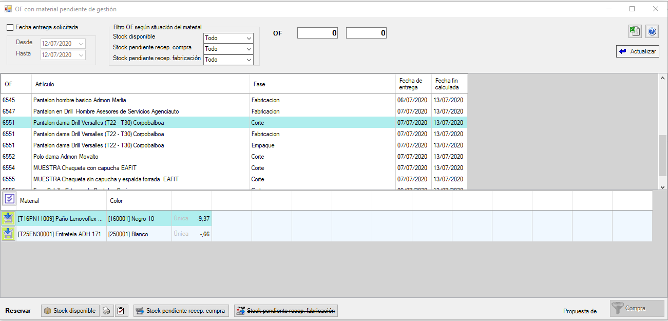 OF con material pendiente de gestión