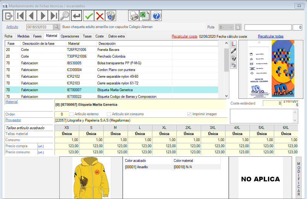 Ficha técnica. Materiales